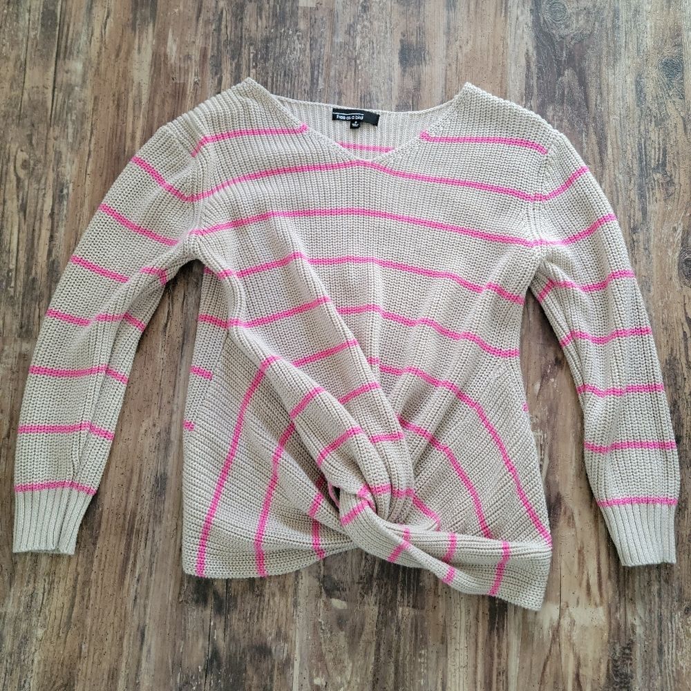 Free As A Bird Pink Stripe Knot Front Sweater - Oversized Small 2